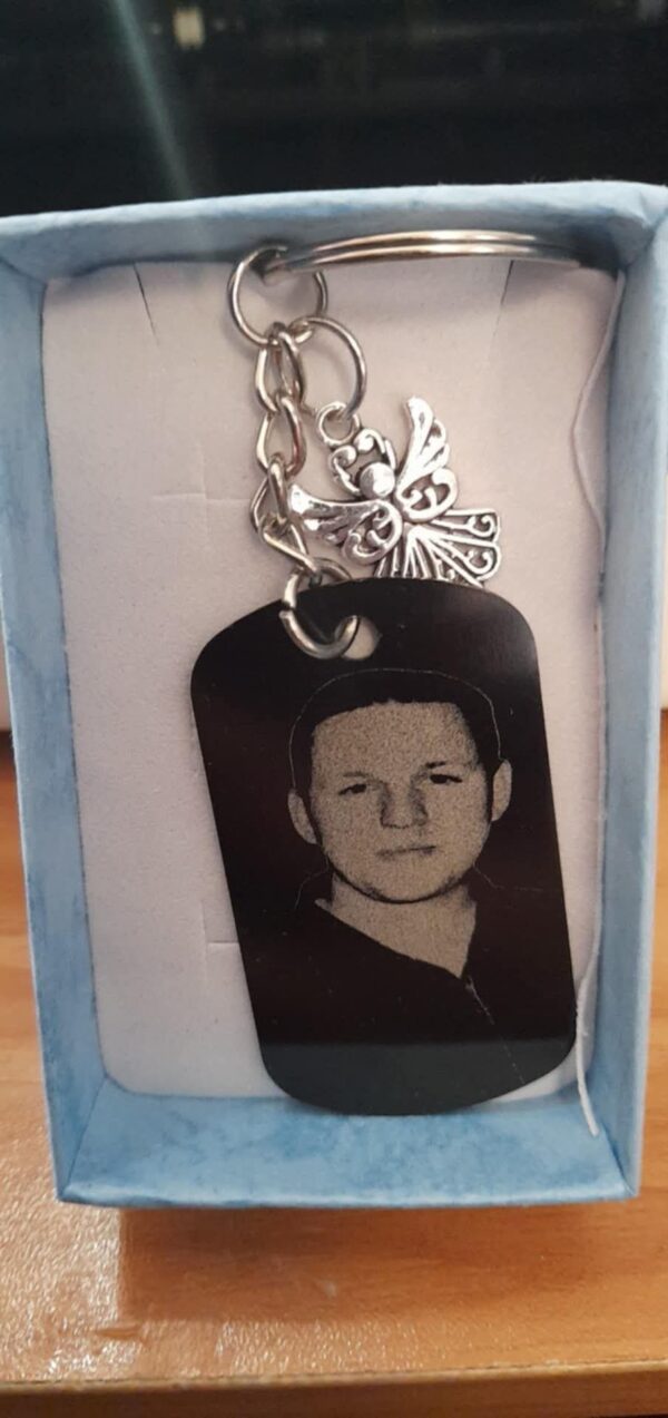 Laser engraving on black aluminium keychain